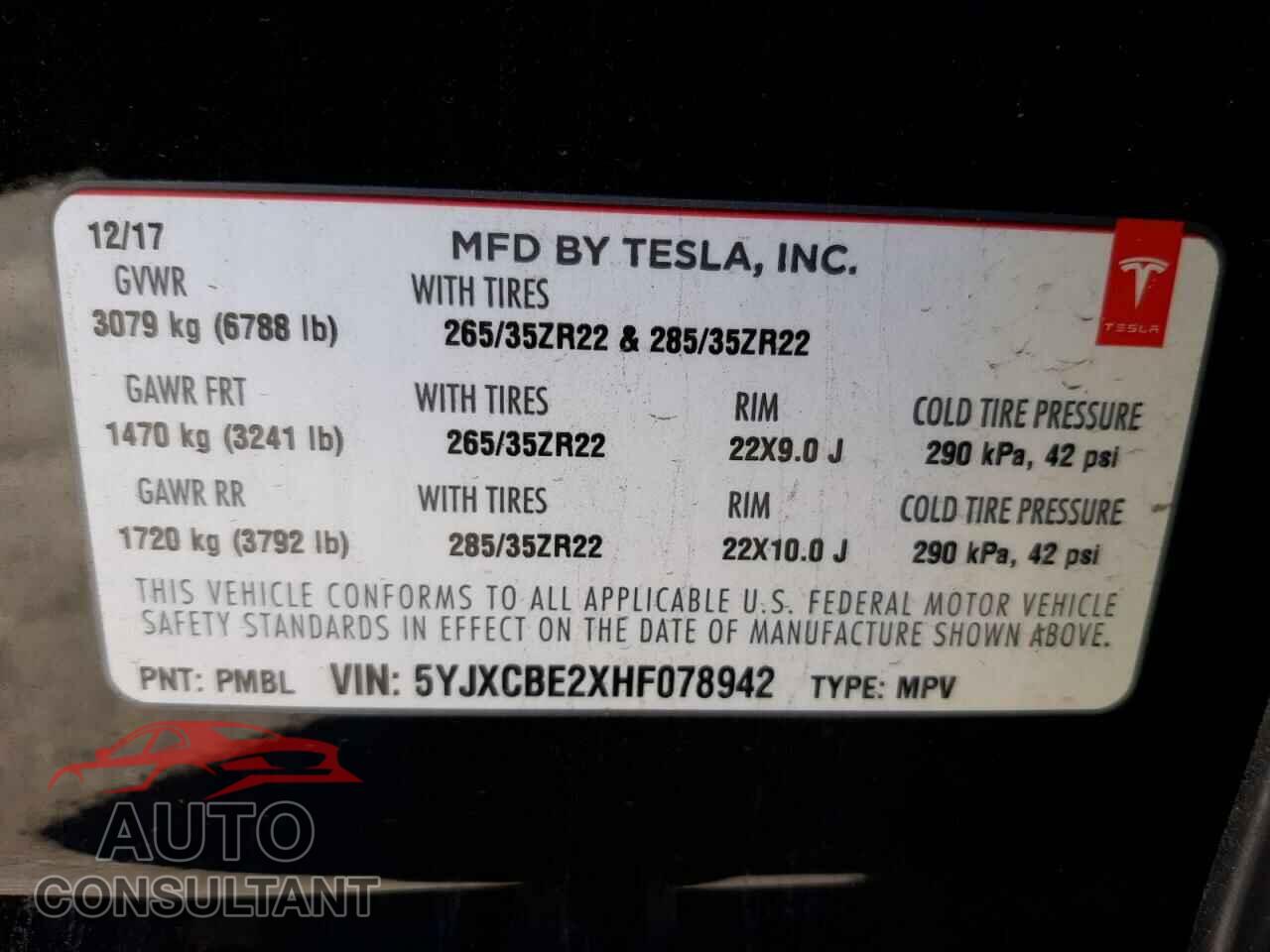 TESLA MODEL X 2017 - 5YJXCBE2XHF078942