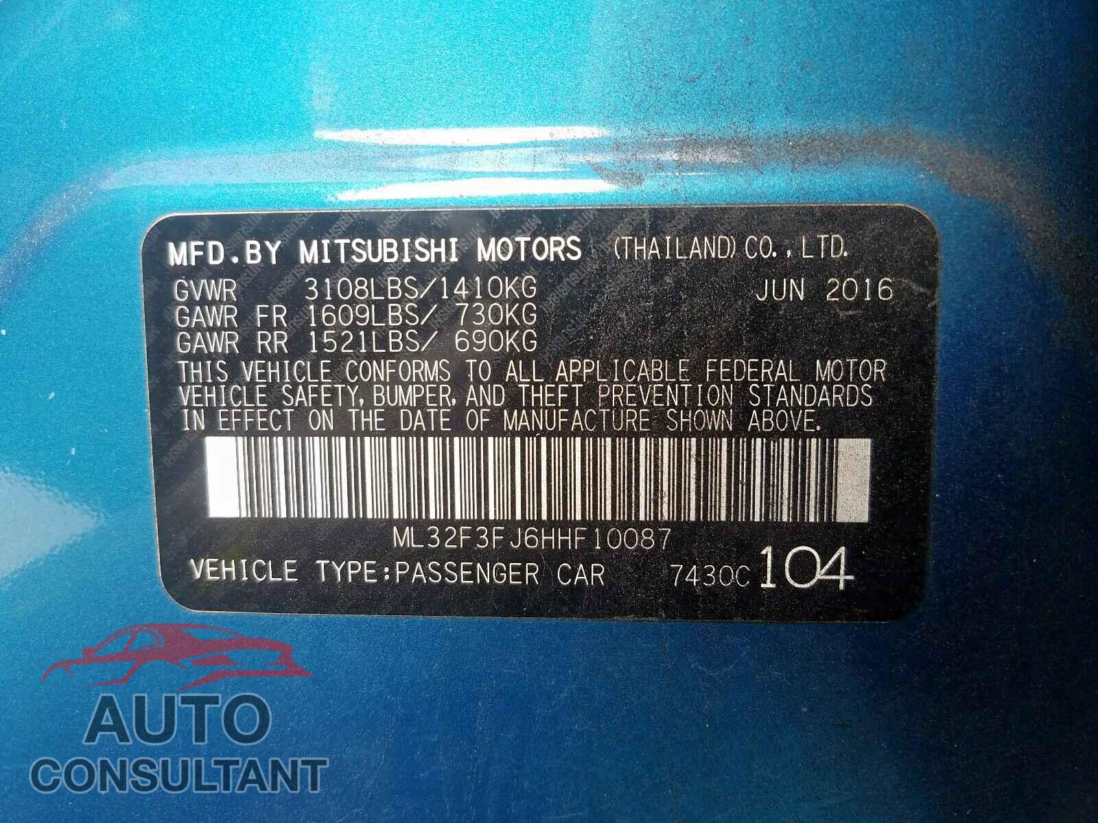 MITSUBISHI MIRAGE 2017 - ML32F3FJ6HHF10087