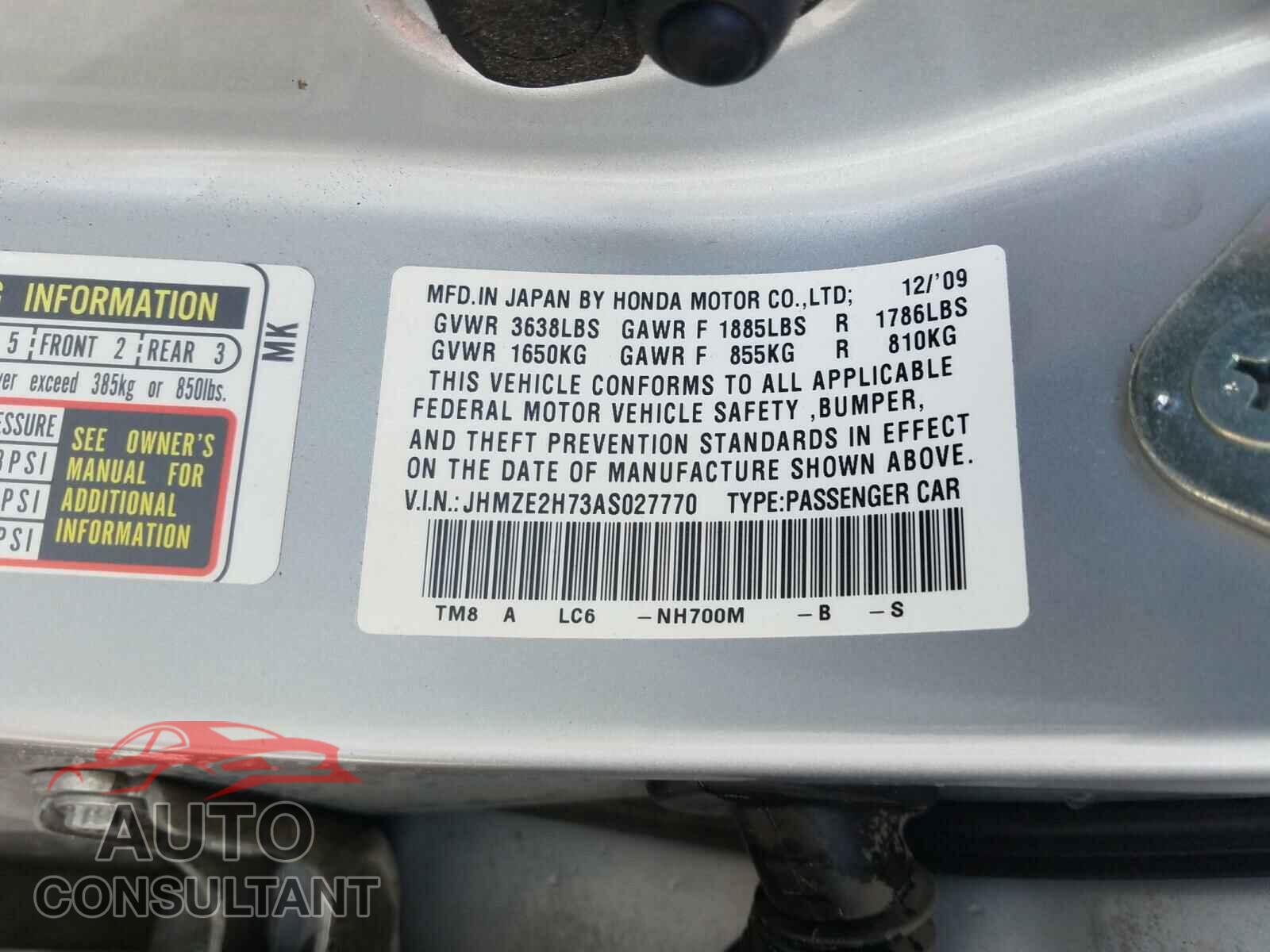 HONDA INSIGHT 2010 - JHMZE2H73AS027770
