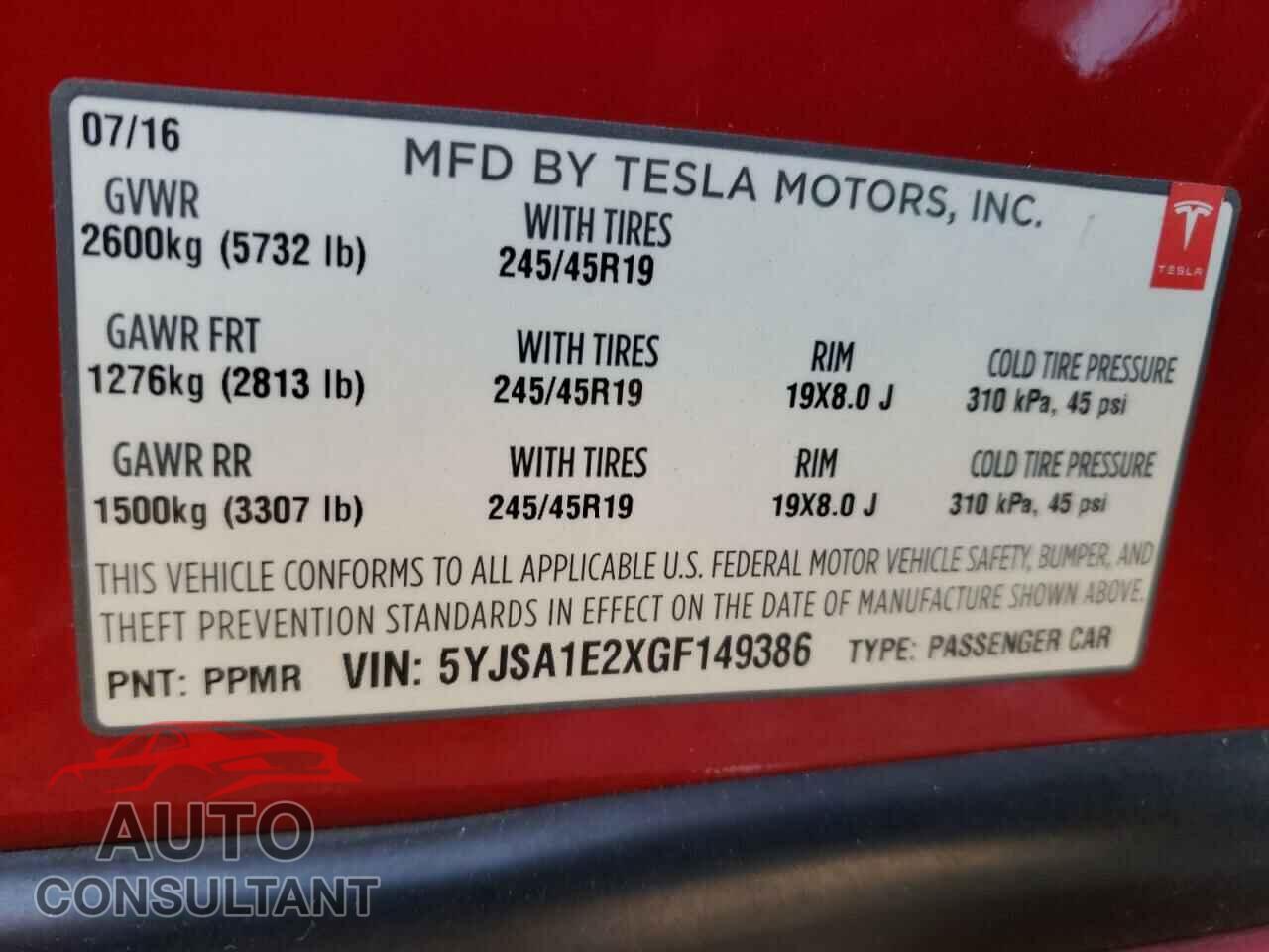 TESLA MODEL S 2016 - 5YJSA1E2XGF149386
