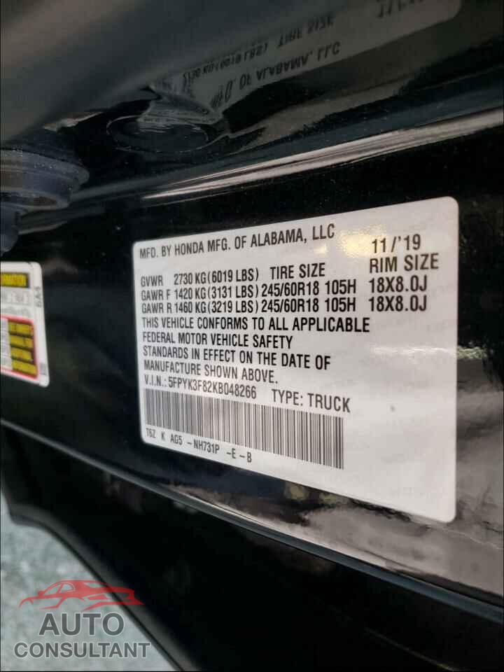 HONDA RIDGELINE 2019 - 5FPYK3F82KB048266