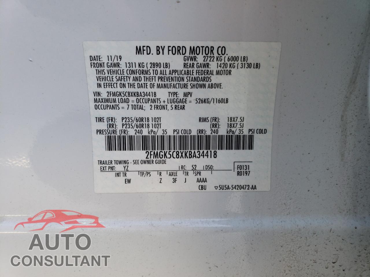 FORD FLEX 2019 - 2FMGK5C8XKBA34418
