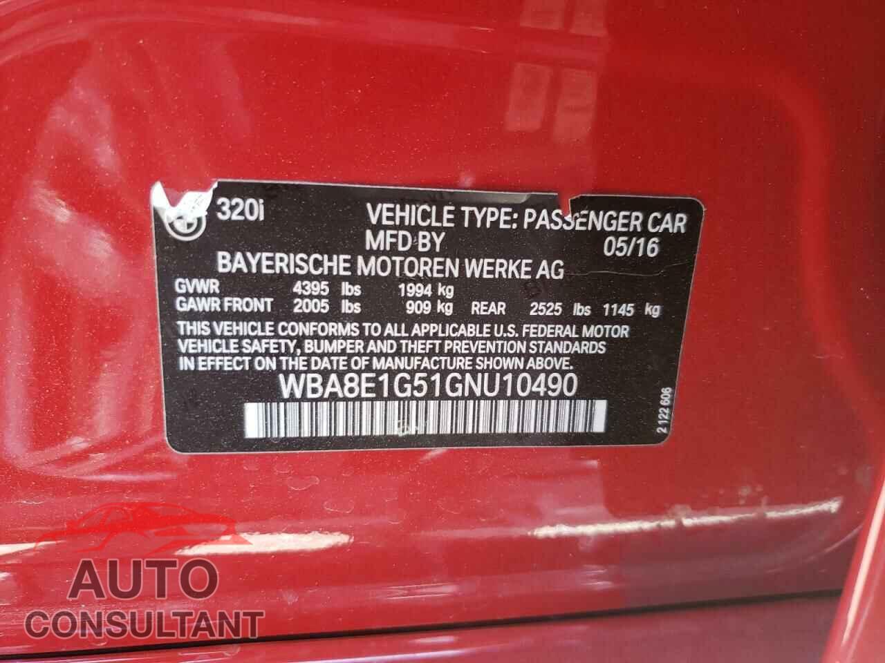BMW 3 SERIES 2016 - WBA8E1G51GNU10490