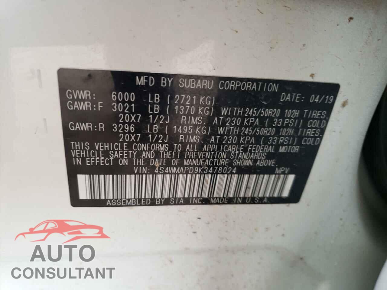 SUBARU ASCENT 2019 - 4S4WMAPD9K3478024