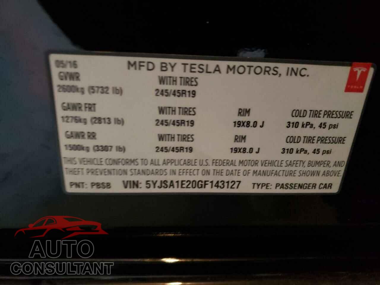 TESLA MODEL S 2016 - 5YJSA1E20GF143127