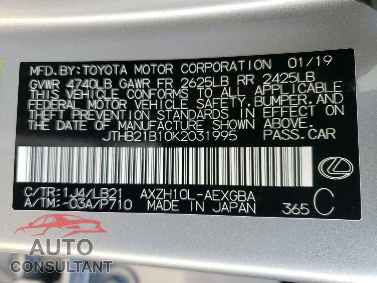LEXUS ES300 2019 - JTHB21B10K2031995