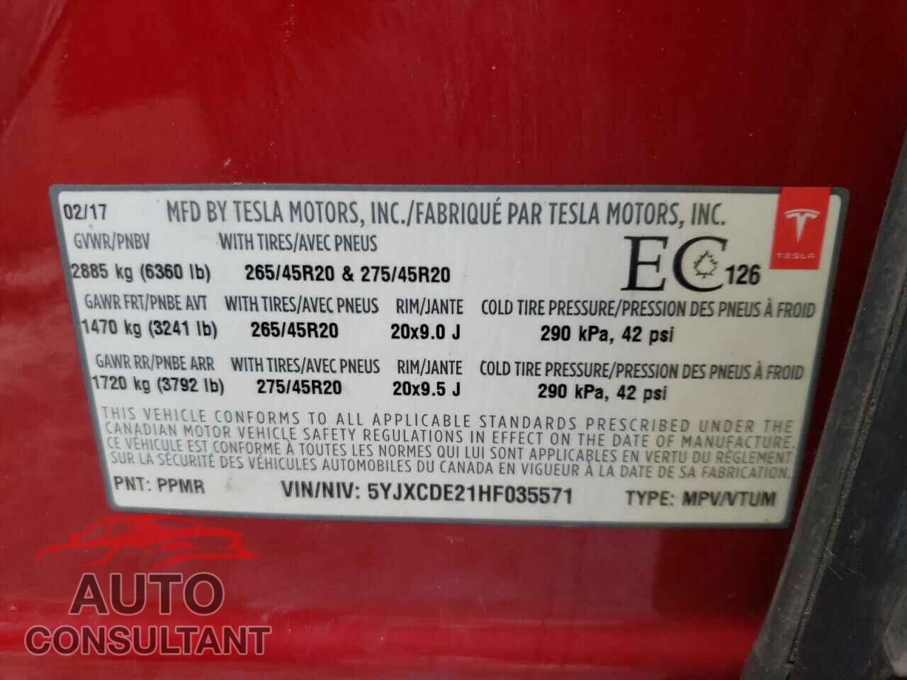 TESLA MODEL X 2017 - 5YJXCDE21HF035571