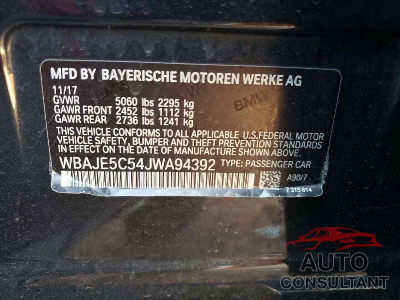BMW 5 SERIES 2018 - WBAJE5C54JWA94392