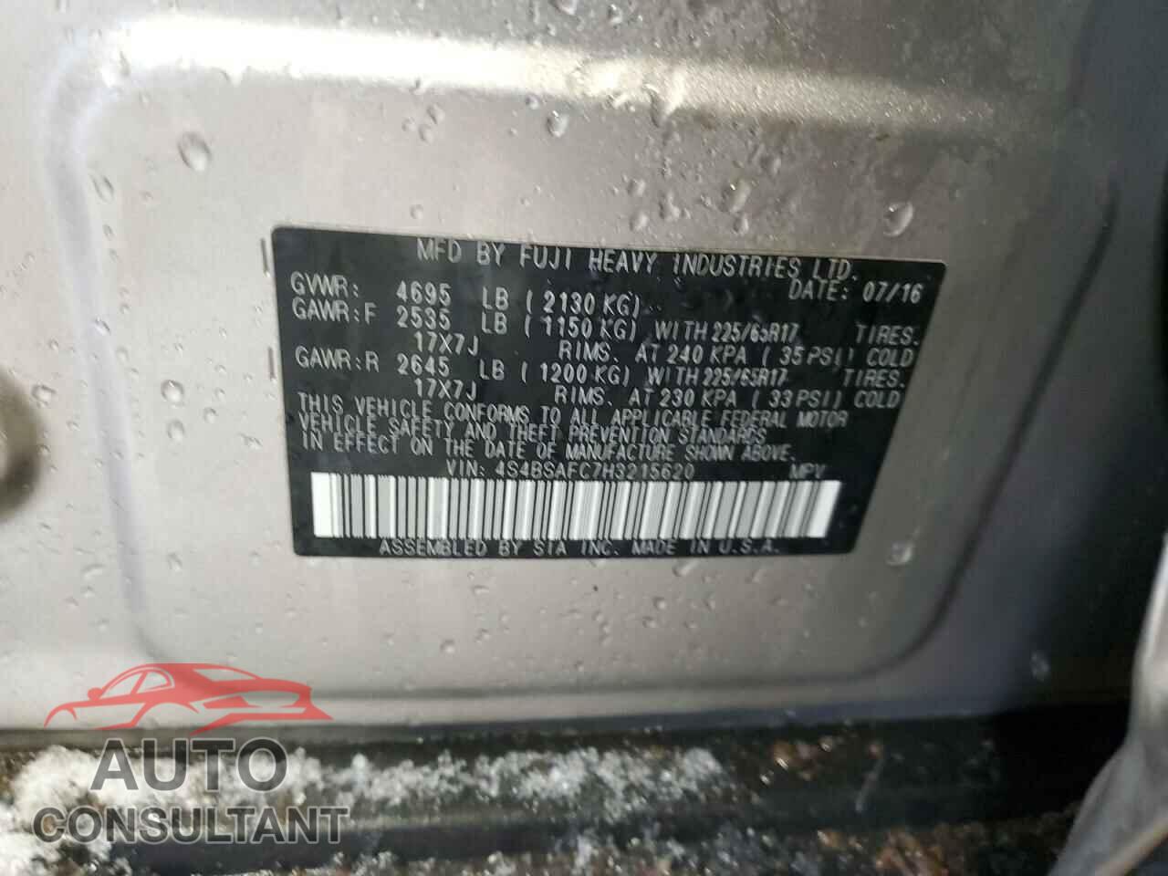 SUBARU OUTBACK 2017 - 4S4BSAFC7H3215620