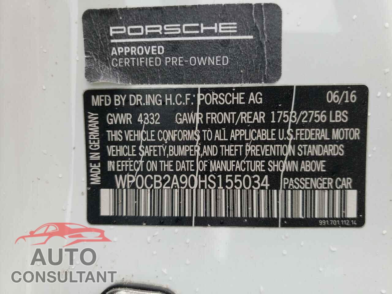 PORSCHE 911 2017 - WP0CB2A90HS155034