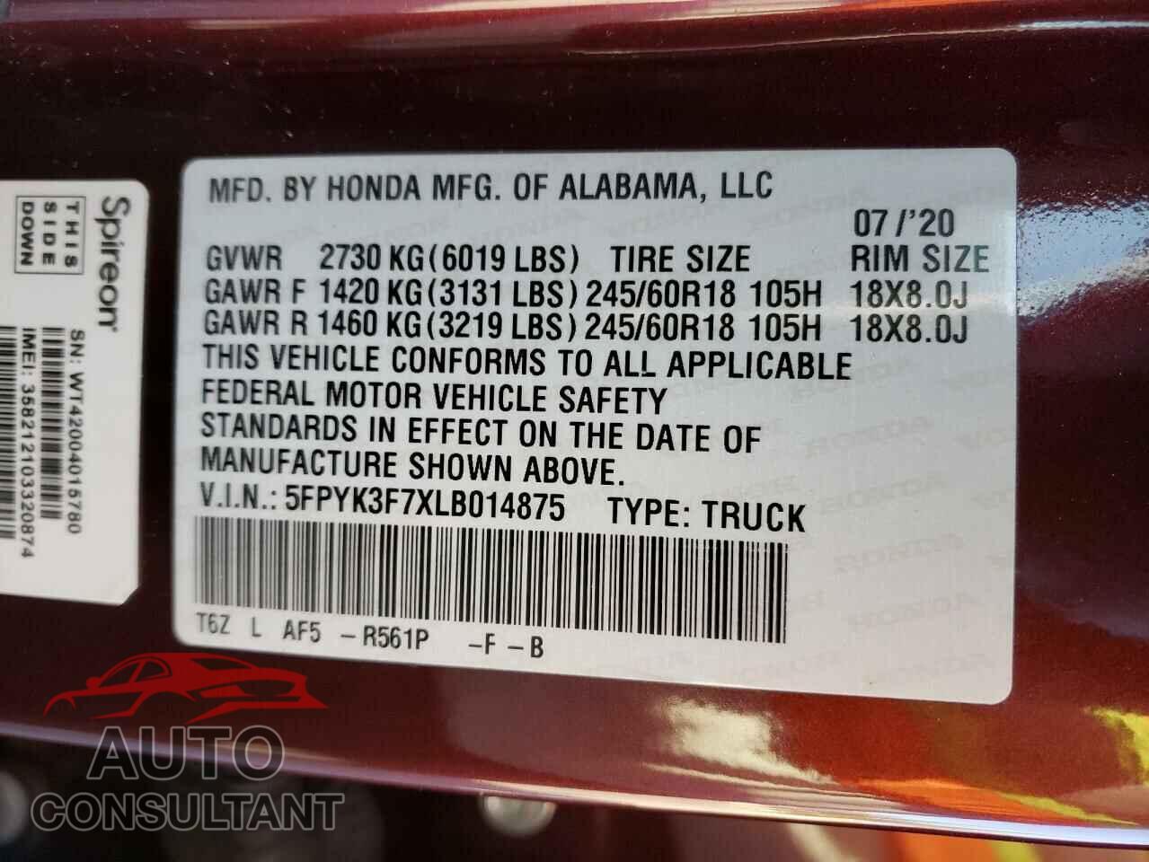 HONDA RIDGELINE 2020 - 5FPYK3F7XLB014875