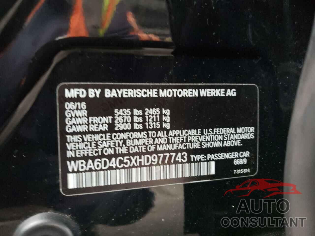 BMW 6 SERIES 2017 - WBA6D4C5XHD977743