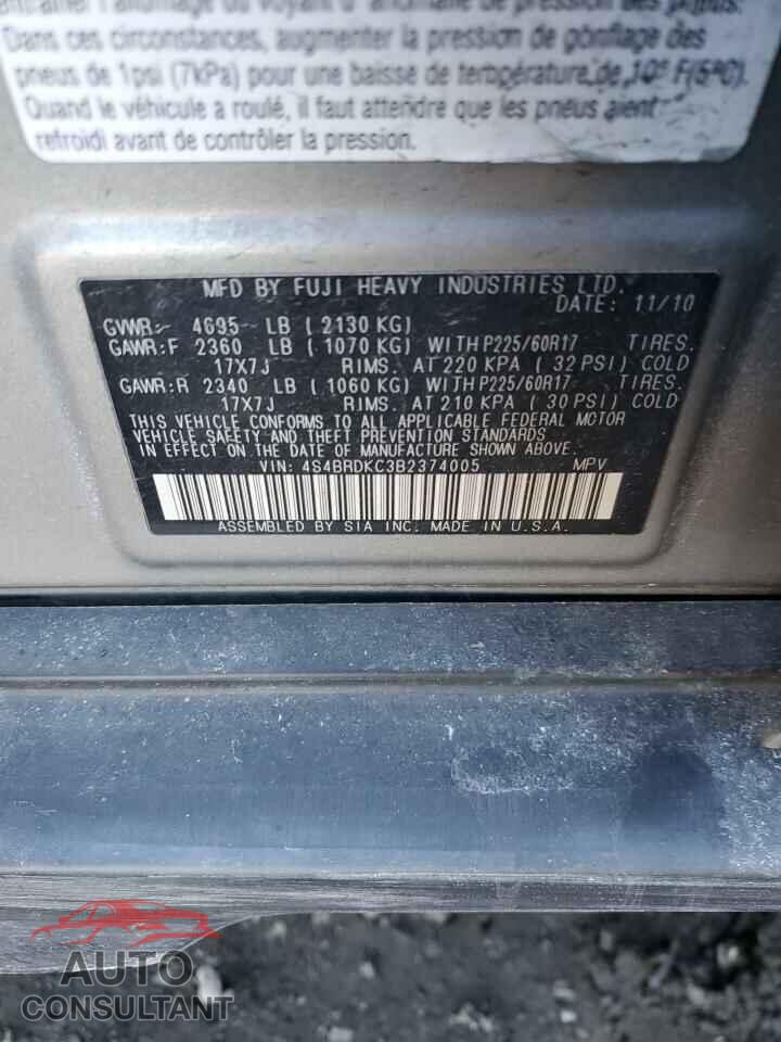 SUBARU OUTBACK 2011 - 4S4BRDKC3B2374005