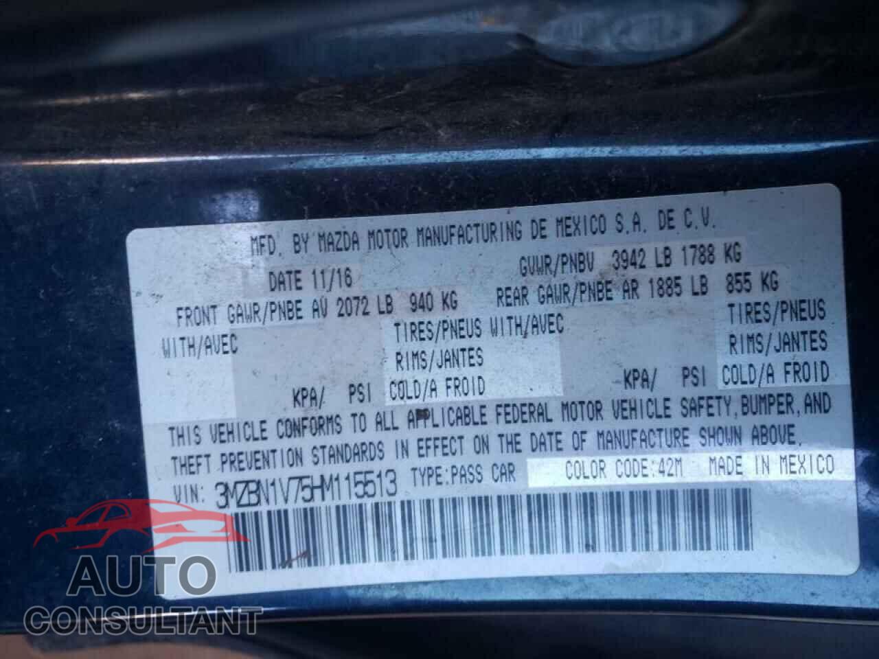 MAZDA 3 2017 - 3MZBN1V75HM115513