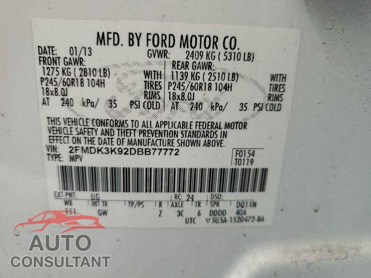 FORD EDGE 2013 - 2FMDK3K92DBB77772
