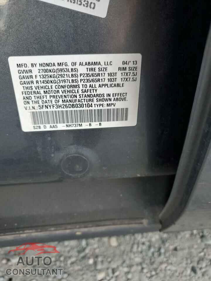 HONDA PILOT 2013 - 5FNYF3H26DB030104