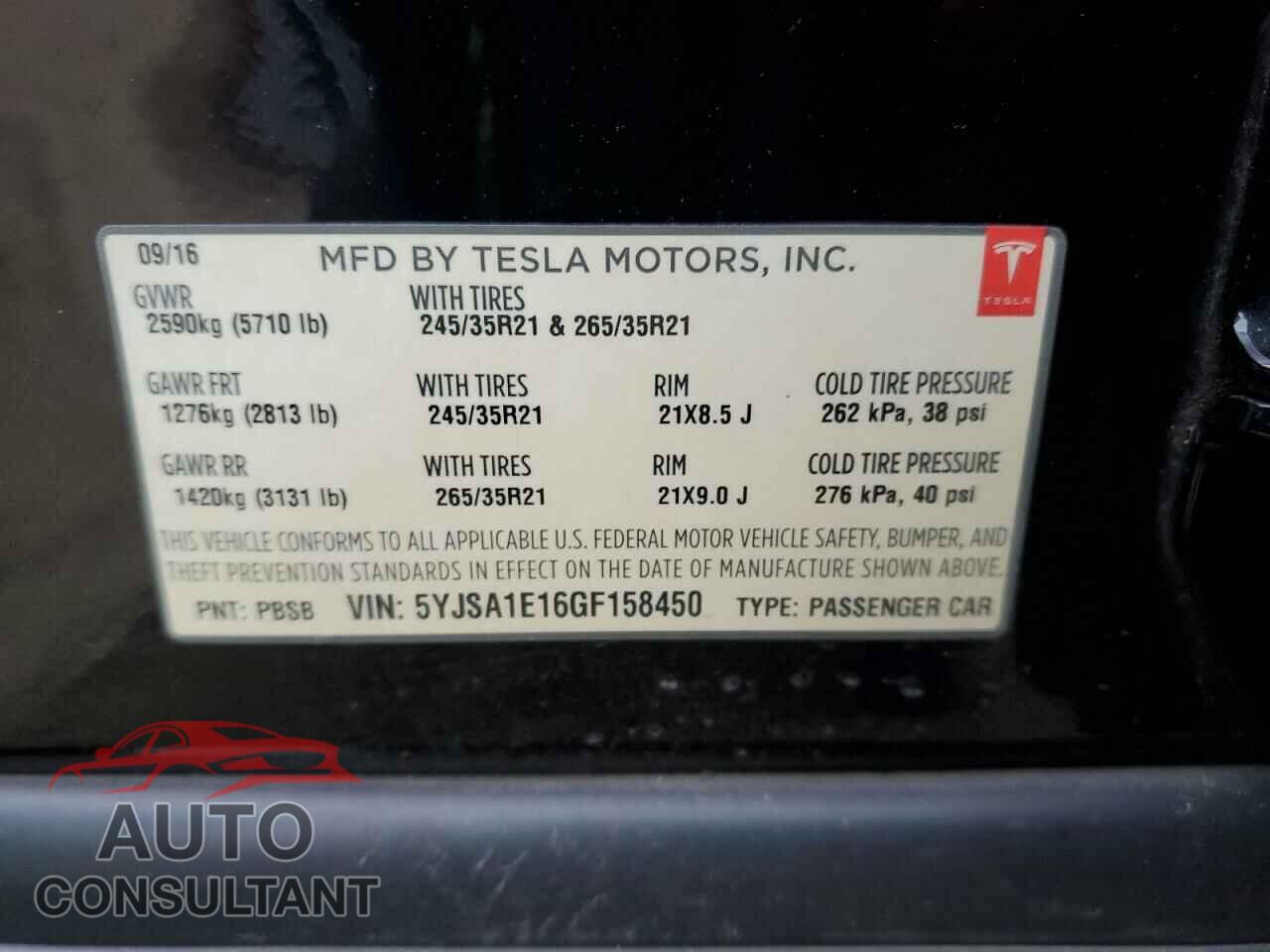 TESLA MODEL S 2016 - 5YJSA1E16GF158450
