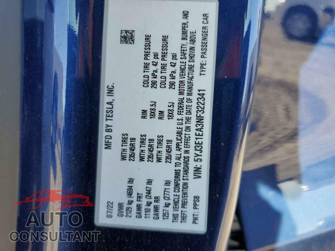 TESLA MODEL 3 2022 - 5YJ3E1EA3NF322341