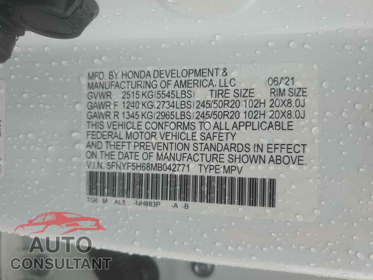 HONDA PILOT 2021 - 5FNYF5H68MB042771