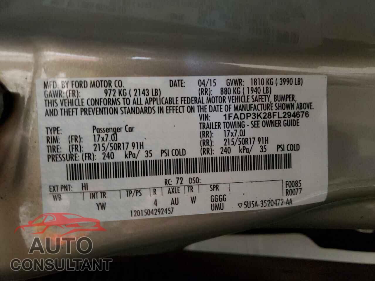 FORD FOCUS 2015 - 1FADP3K28FL294676