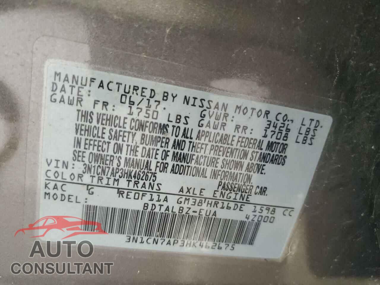NISSAN VERSA 2017 - 3N1CN7AP3HK462675