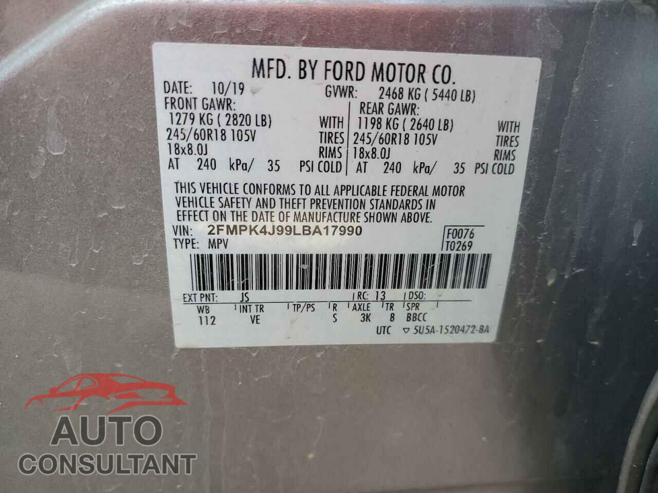 FORD EDGE 2020 - 2FMPK4J99LBA17990
