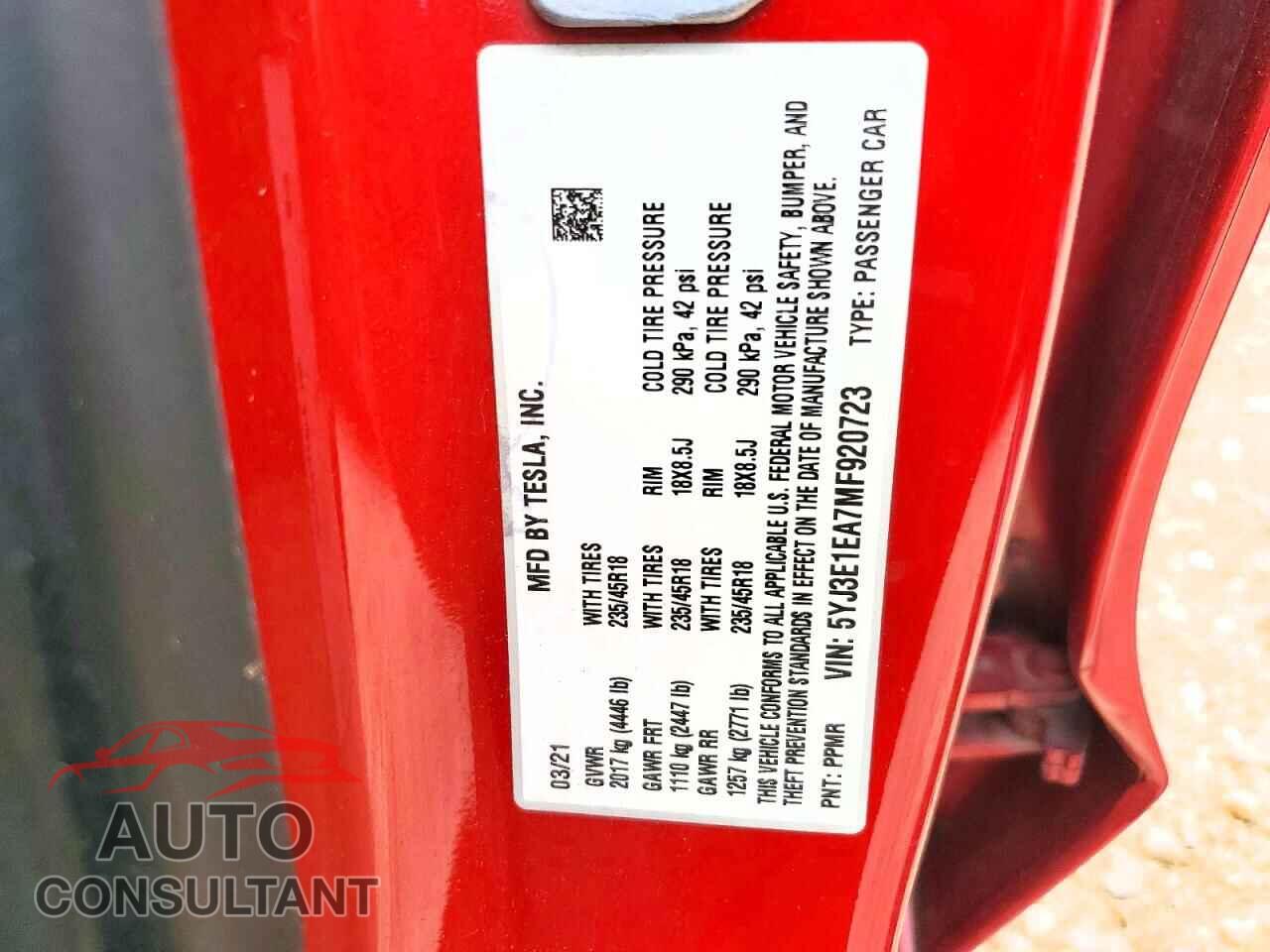 TESLA MODEL 3 2021 - 5YJ3E1EA7MF920723