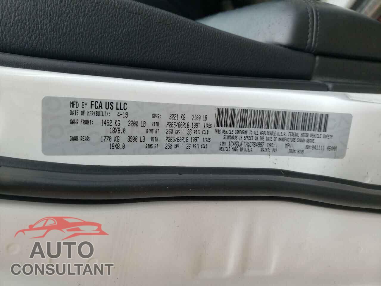 DODGE DURANGO 2019 - 1C4SDJFT7KC764997