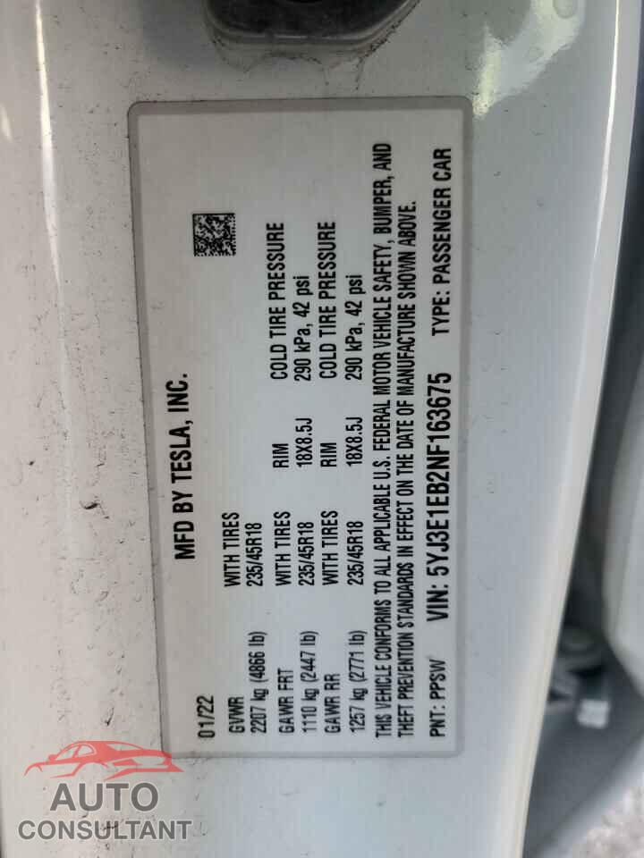 TESLA MODEL 3 2022 - 5YJ3E1EB2NF163675