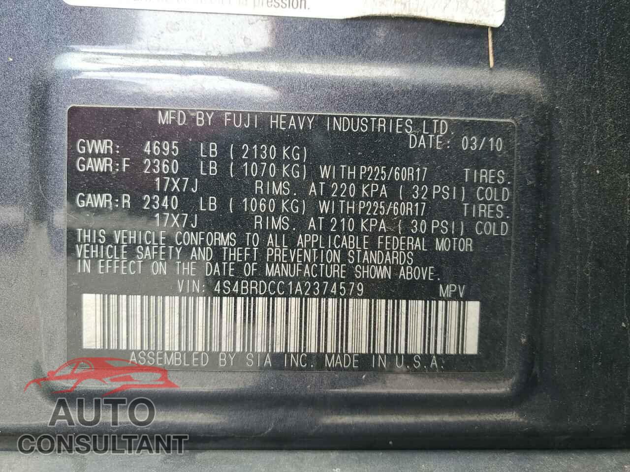 SUBARU OUTBACK 2010 - 4S4BRDCC1A2374579