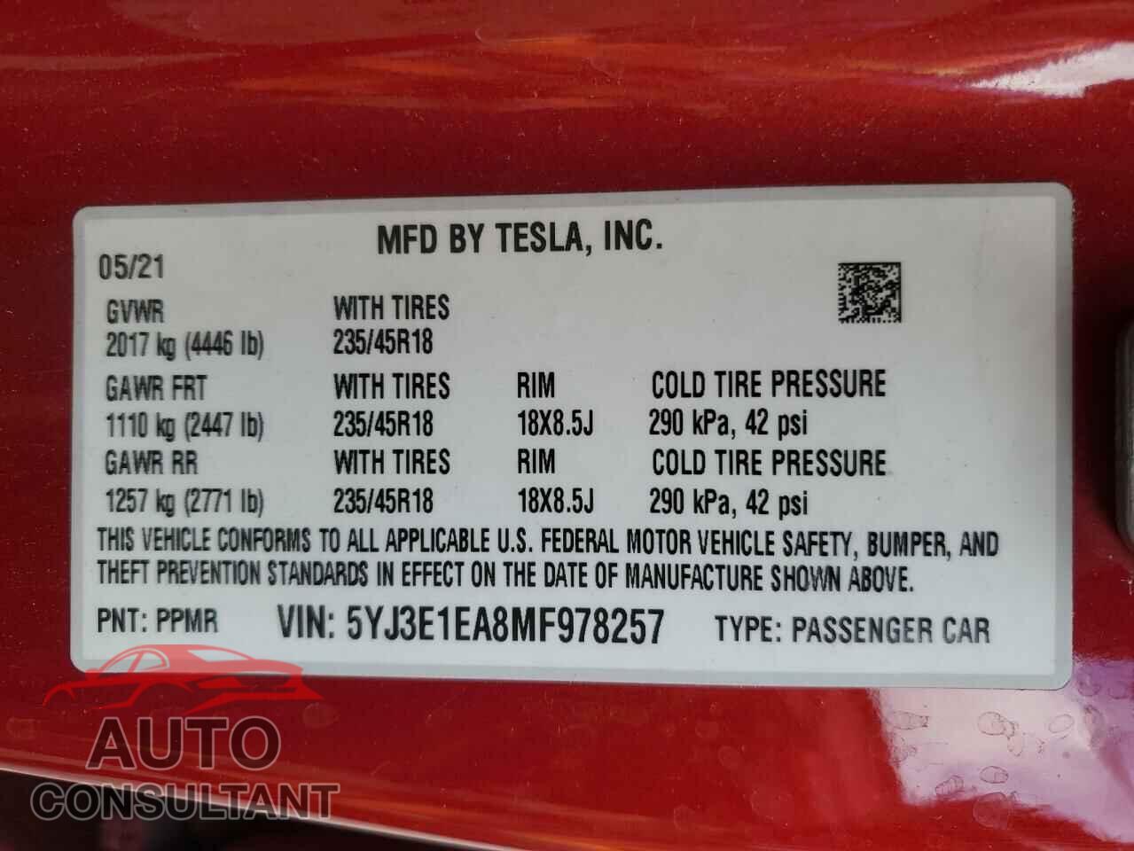 TESLA MODEL 3 2021 - 5YJ3E1EA8MF978257
