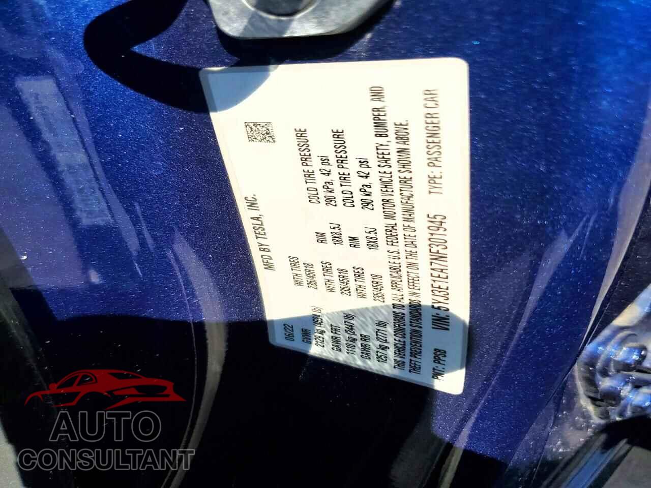 TESLA MODEL 3 2022 - 5YJ3E1EA7NF301945