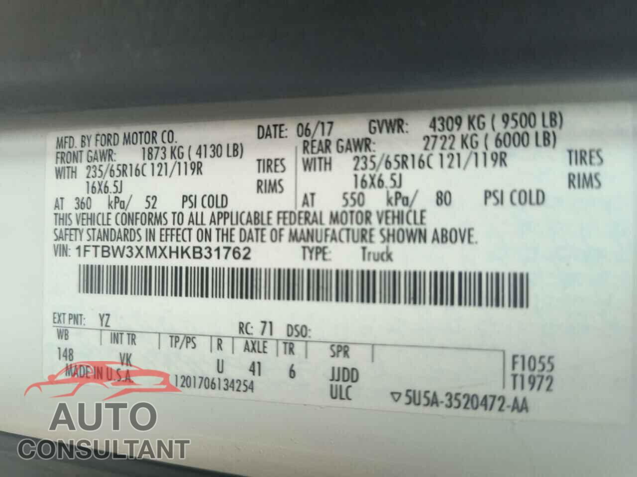 FORD TRANSIT 2017 - 1FTBW3XMXHKB31762