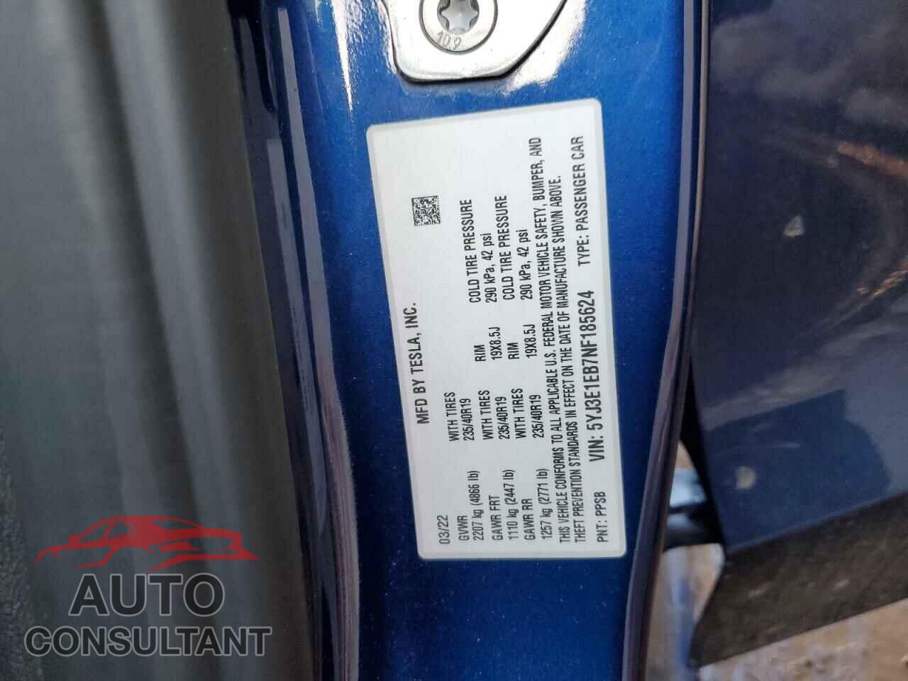TESLA MODEL 3 2022 - 5YJ3E1EB7NF185624