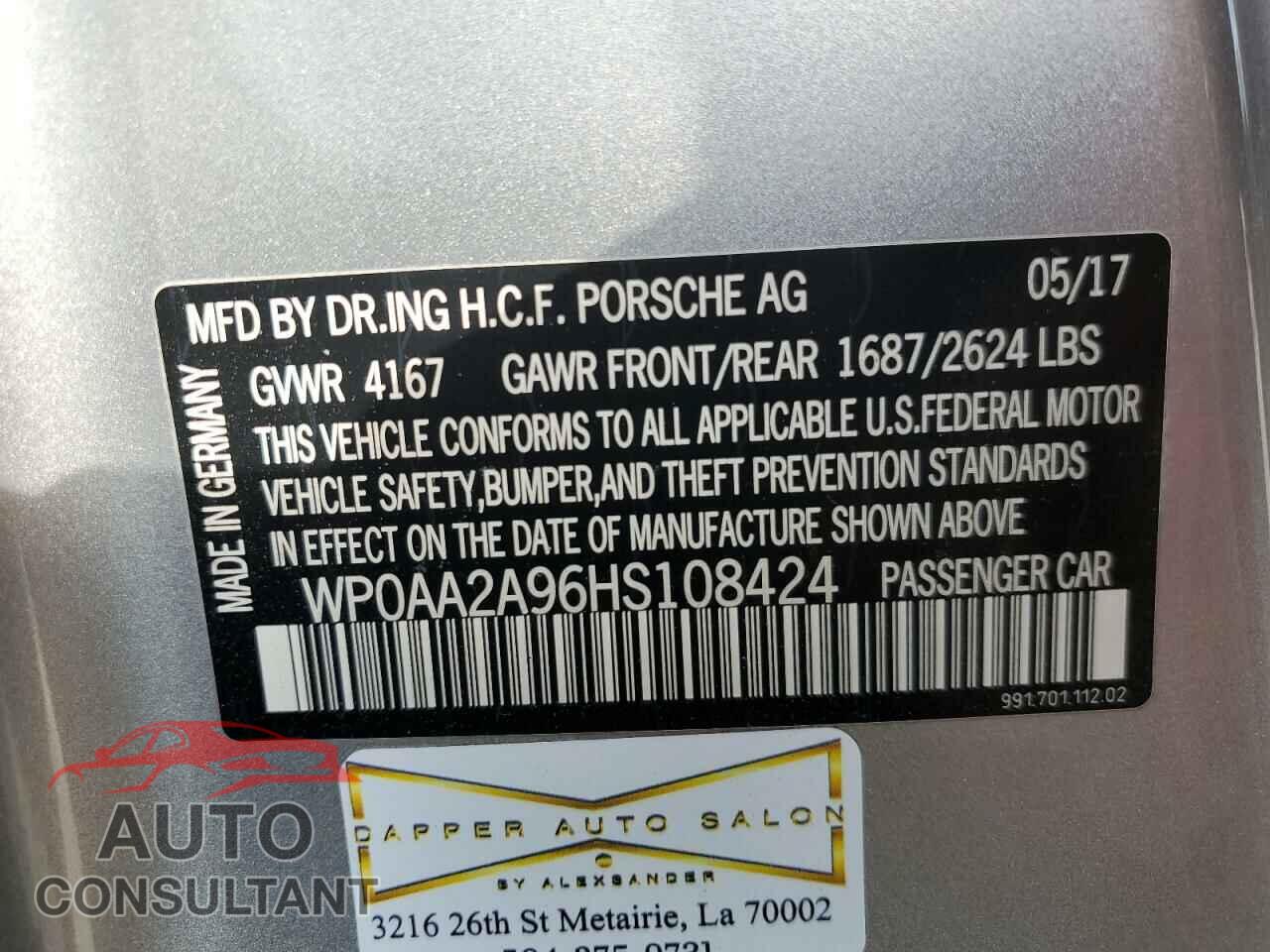 PORSCHE 911 2017 - WP0AA2A96HS108424