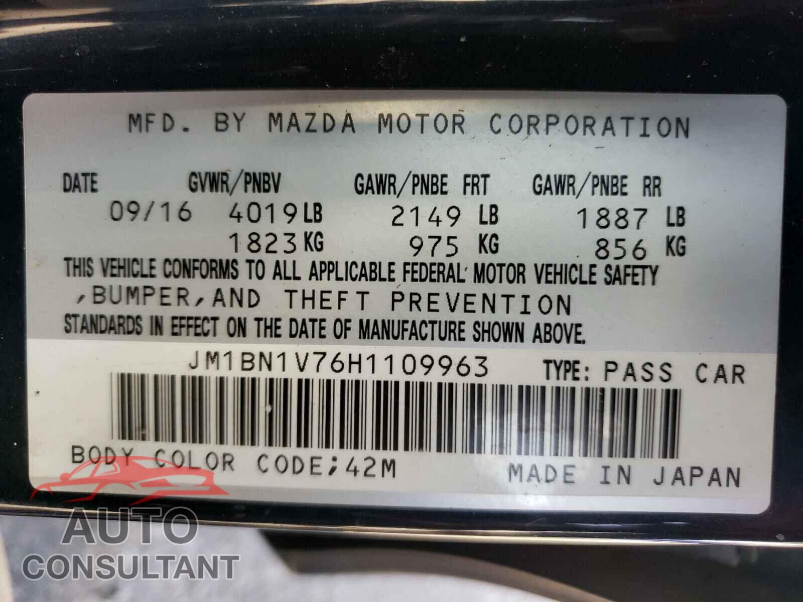 MAZDA 3 2017 - JM1BN1V76H1109963