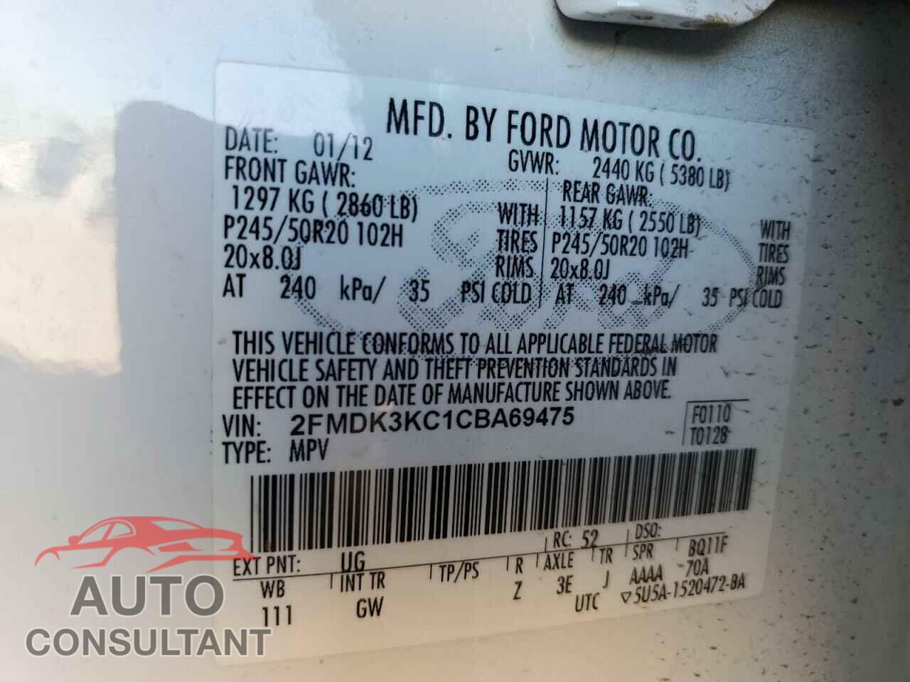 FORD EDGE 2012 - 2FMDK3KC1CBA69475