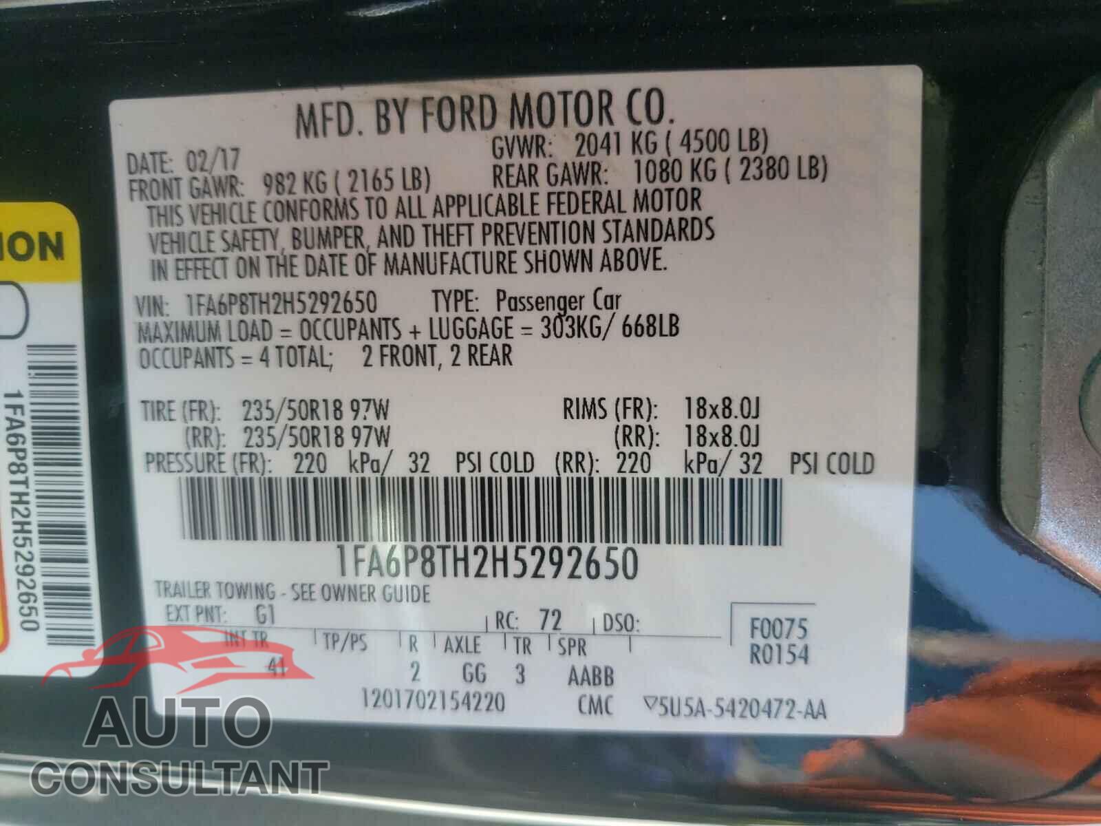 FORD MUSTANG 2017 - 1FA6P8TH2H5292650