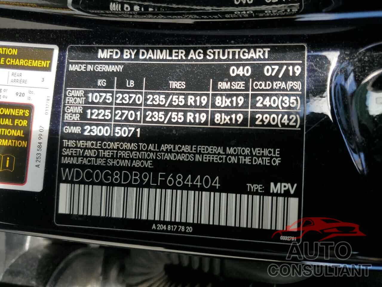 MERCEDES-BENZ GLC-CLASS 2020 - WDC0G8DB9LF684404