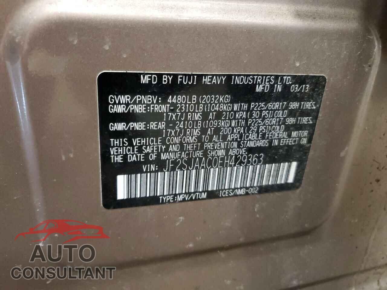 SUBARU FORESTER 2014 - JF2SJAAC0EH429363