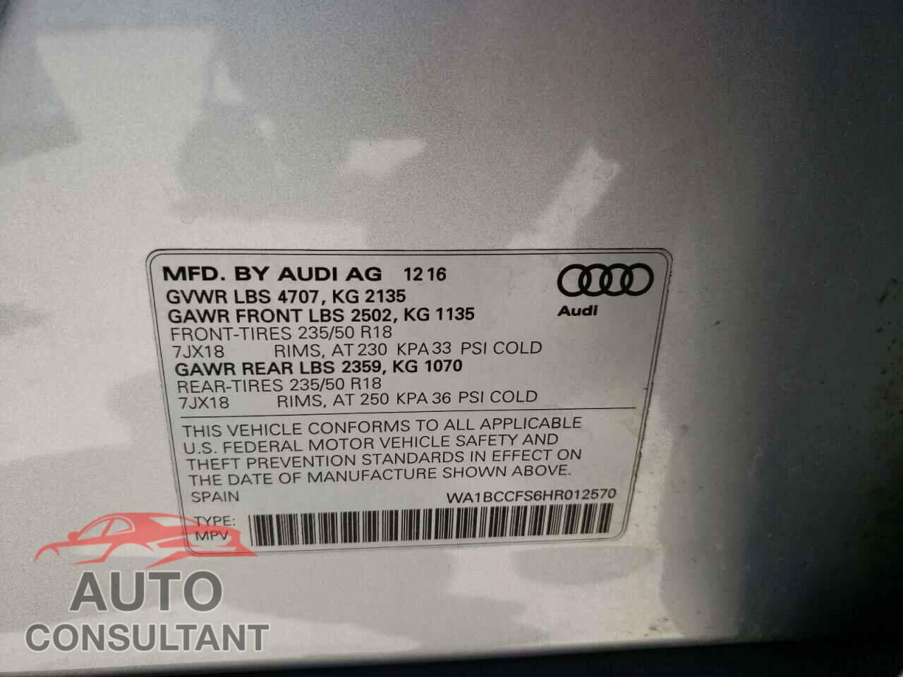 AUDI Q3 2017 - WA1BCCFS6HR012570