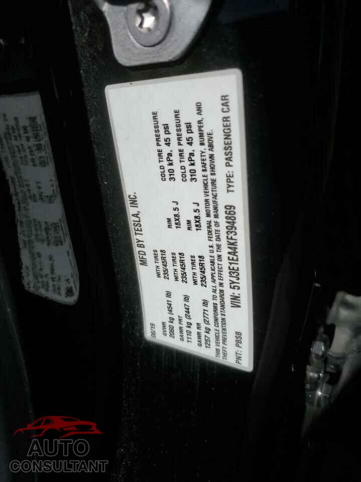 TESLA MODEL 3 2019 - 5YJ3E1EA4KF394869
