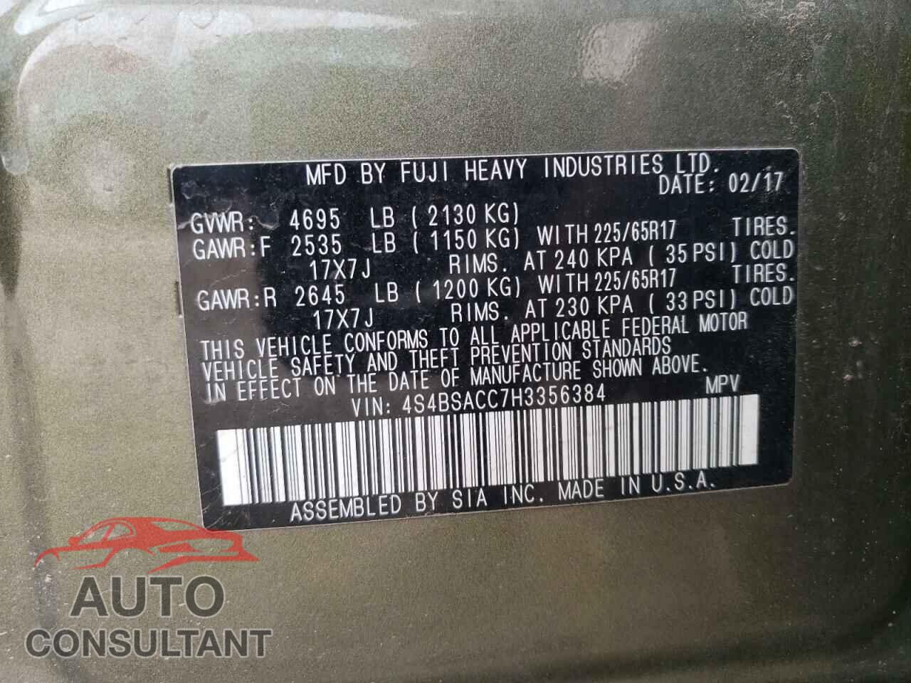 SUBARU OUTBACK 2017 - 4S4BSACC7H3356384