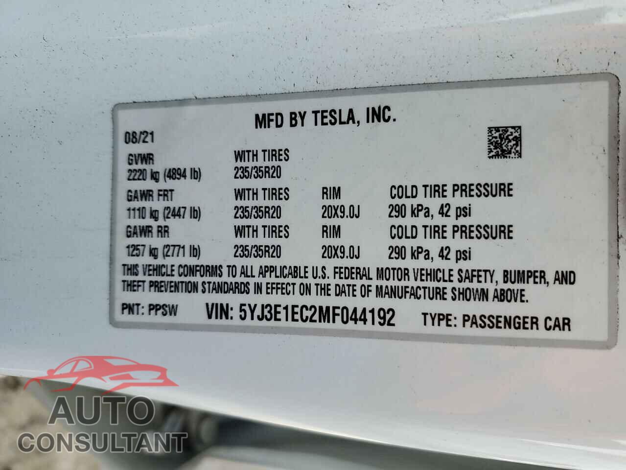 TESLA MODEL 3 2021 - 5YJ3E1EC2MF044192