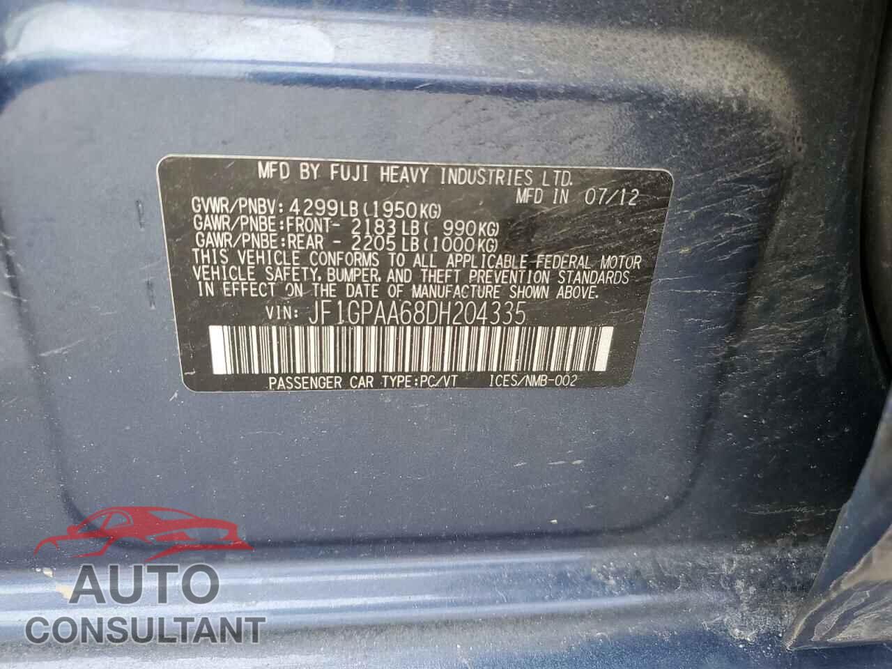 SUBARU IMPREZA 2013 - JF1GPAA68DH204335