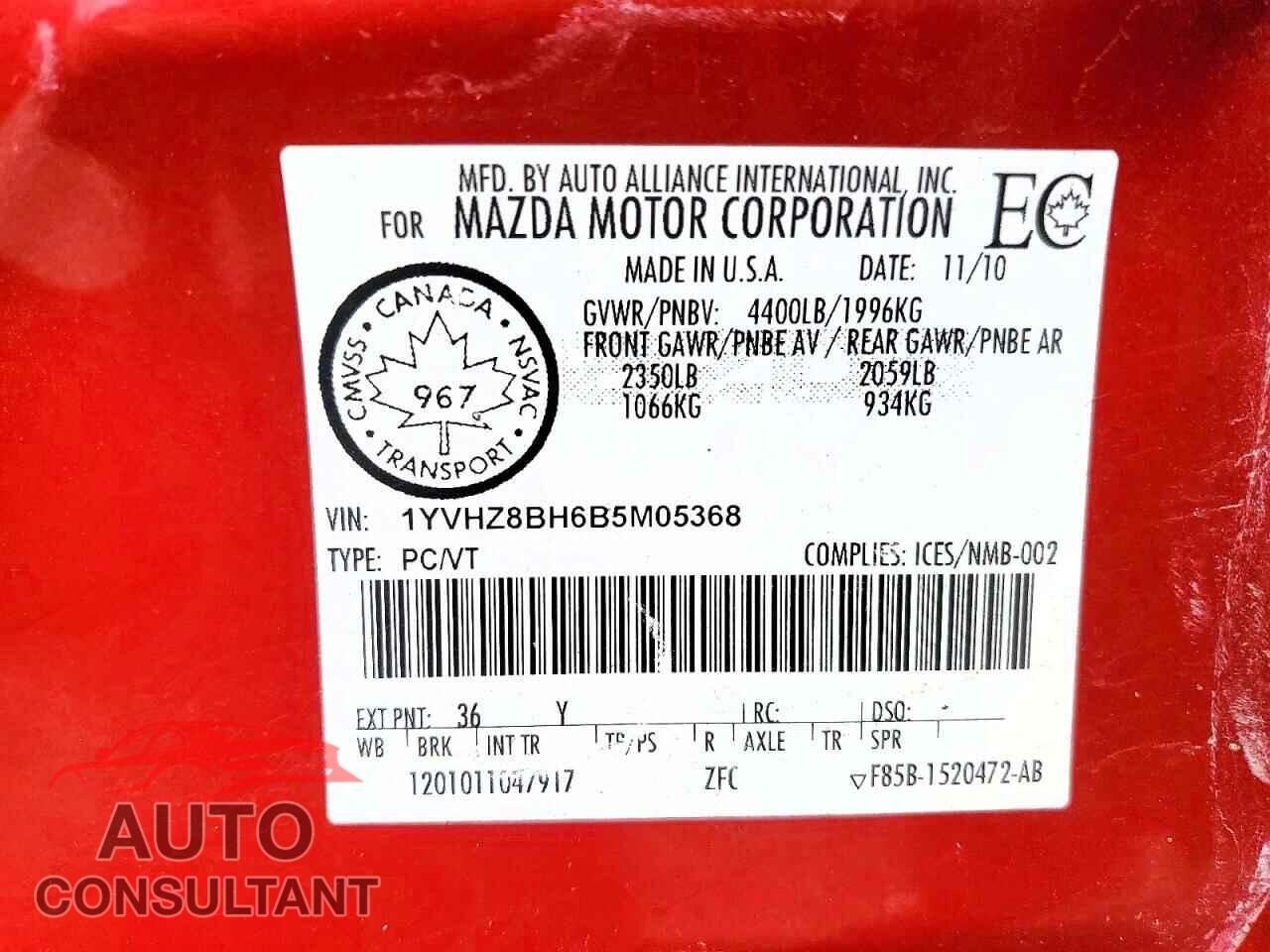 MAZDA 6 2011 - 1YVHZ8BH6B5M05368