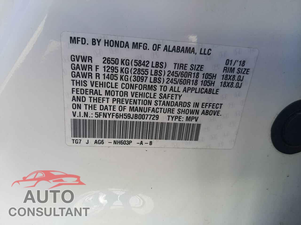 HONDA PILOT 2018 - 5FNYF6H59JB007729