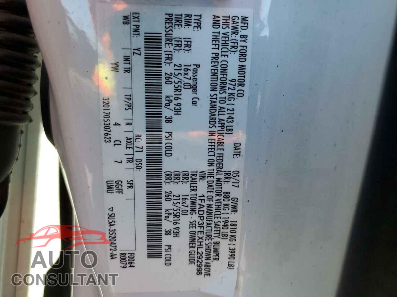 FORD FOCUS 2017 - 1FADP3FEXHL292998