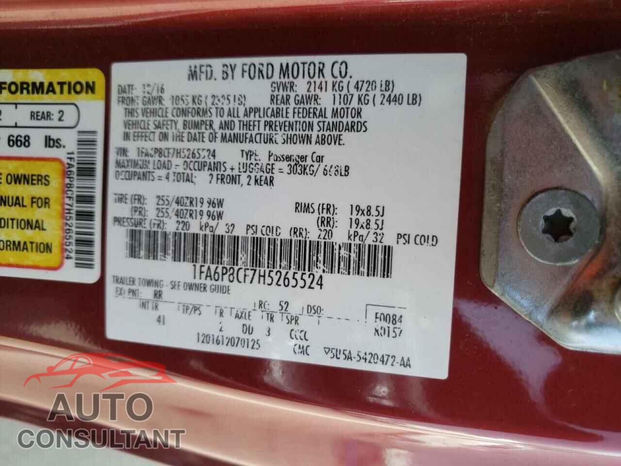 FORD MUSTANG 2017 - 1FA6P8CF7H5265524