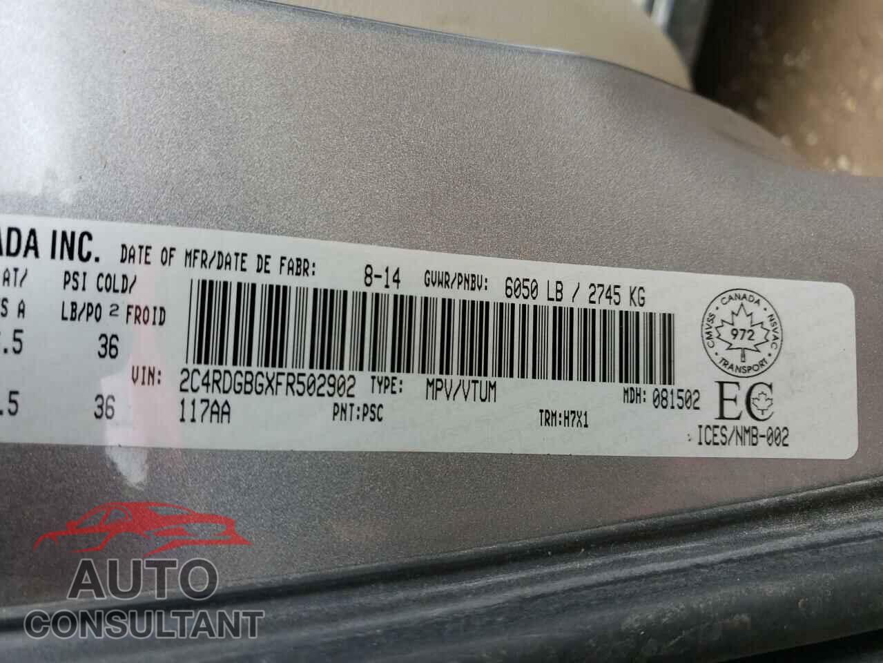 DODGE CARAVAN 2015 - 2C4RDGBGXFR502902